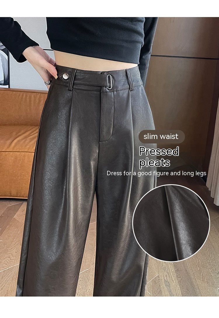 Black Matte Straight Leather Wide-leg Pants High Waist Drooping Slimming Off Pants