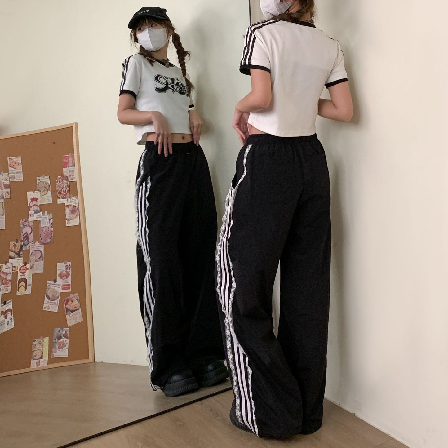 Design Lace Edge Black Strip Sports Pants