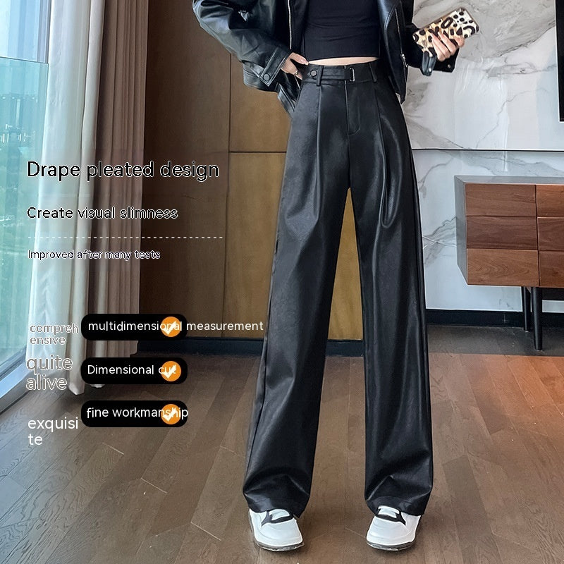 Black Matte Straight Leather Wide-leg Pants High Waist Drooping Slimming Off Pants