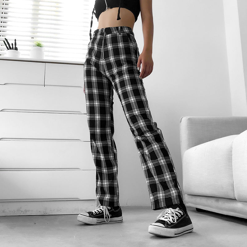 Black and white lattice slim casual pants