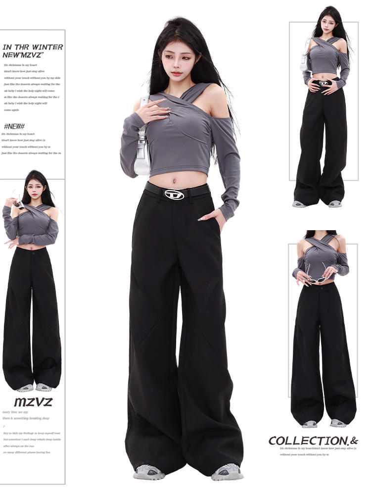 High Waist Straight Black Suit Wide Leg Flared Casual Pants