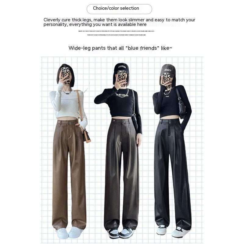Black Matte Straight Leather Wide-leg Pants High Waist Drooping Slimming Off Pants