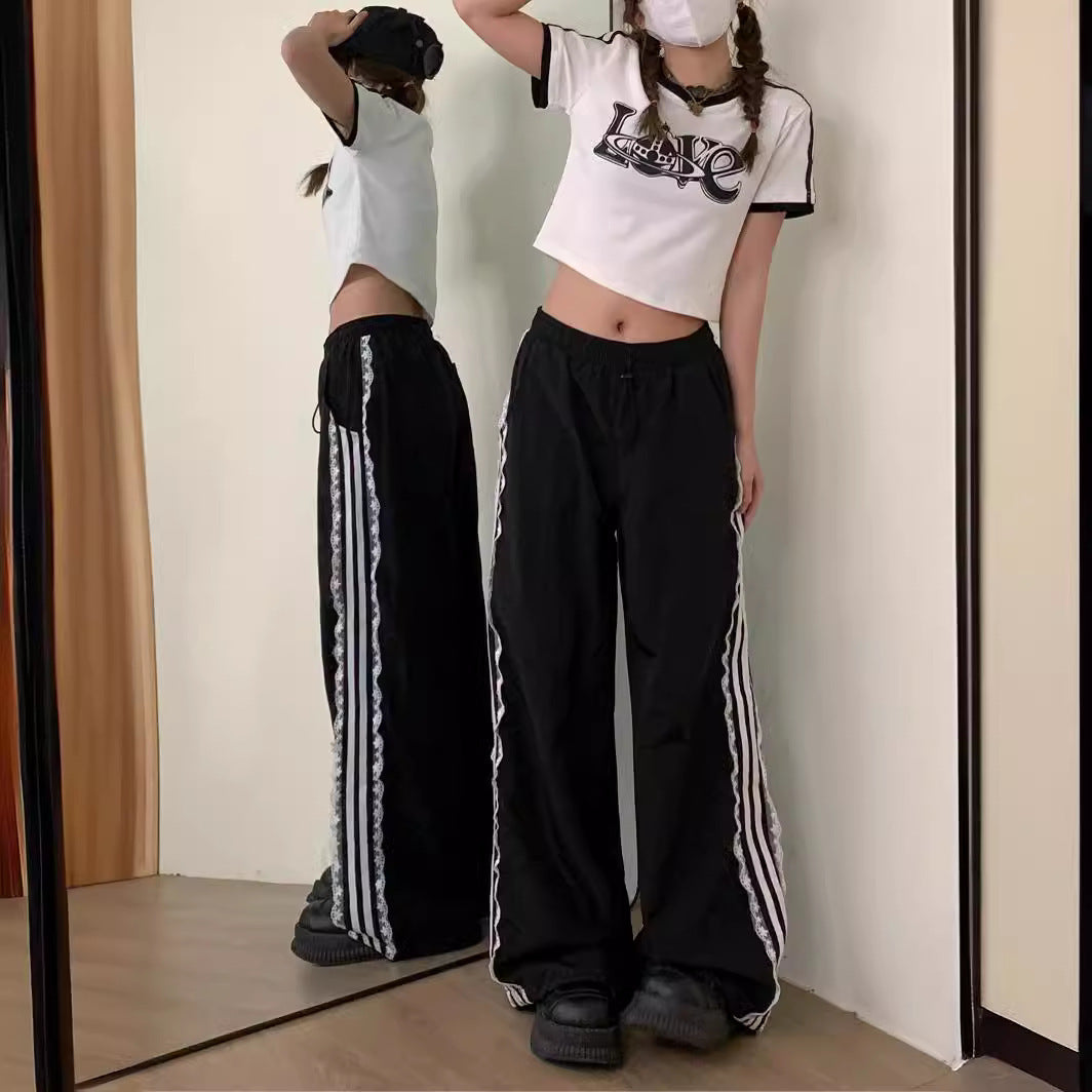 Design Lace Edge Black Strip Sports Pants