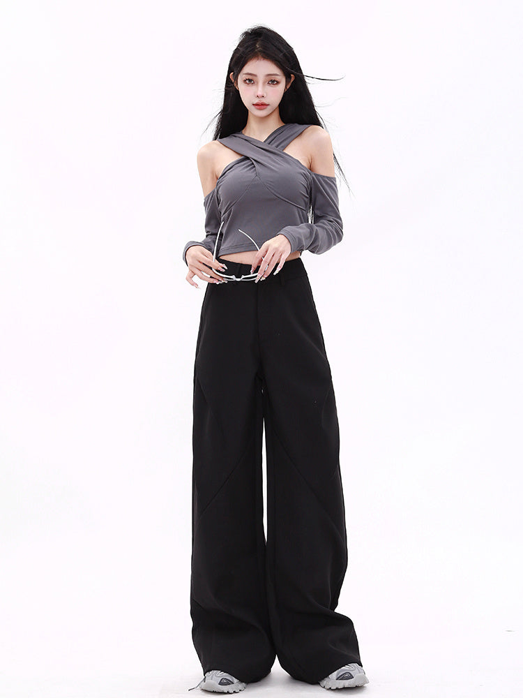 High Waist Straight Black Suit Wide Leg Flared Casual Pants