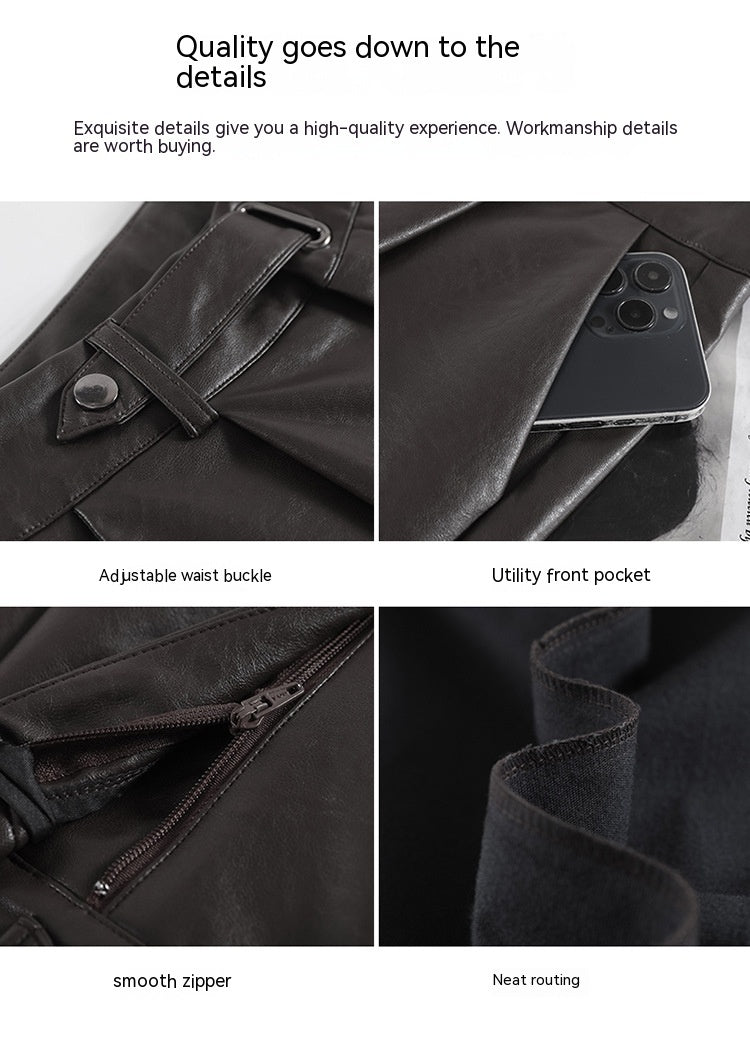Black Matte Straight Leather Wide-leg Pants High Waist Drooping Slimming Off Pants