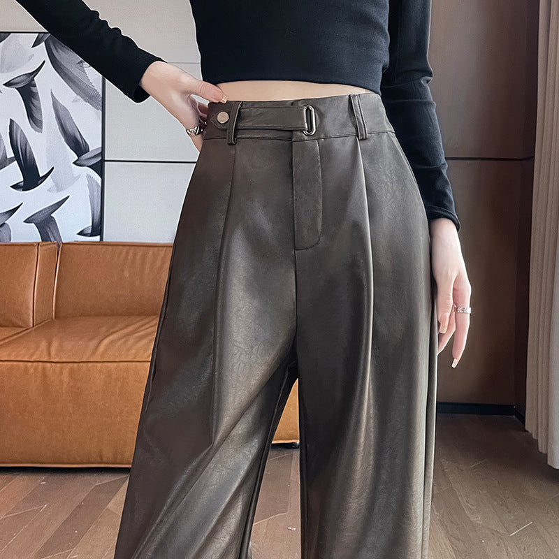 Black Matte Straight Leather Wide-leg Pants High Waist Drooping Slimming Off Pants