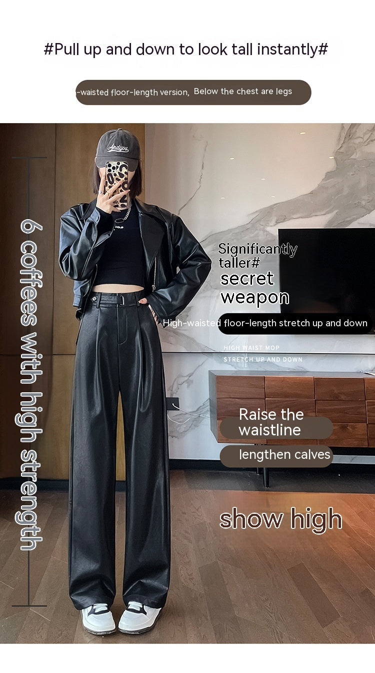Black Matte Straight Leather Wide-leg Pants High Waist Drooping Slimming Off Pants