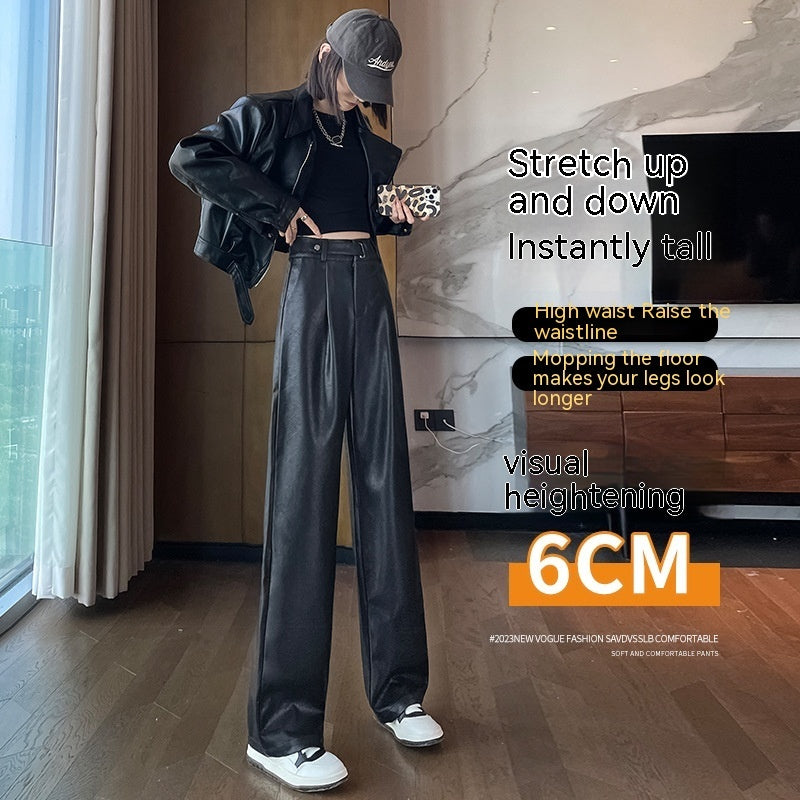 Black Matte Straight Leather Wide-leg Pants High Waist Drooping Slimming Off Pants