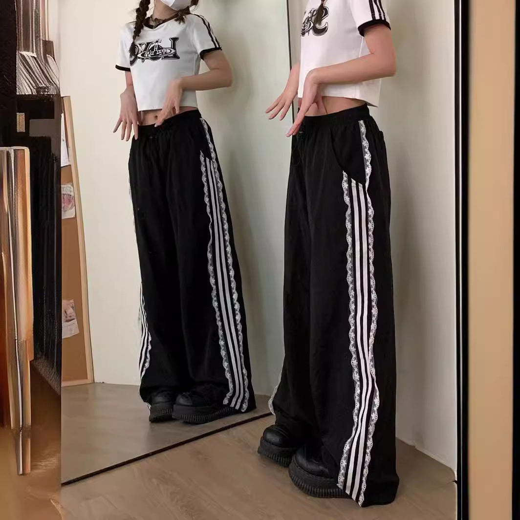 Design Lace Edge Black Strip Sports Pants