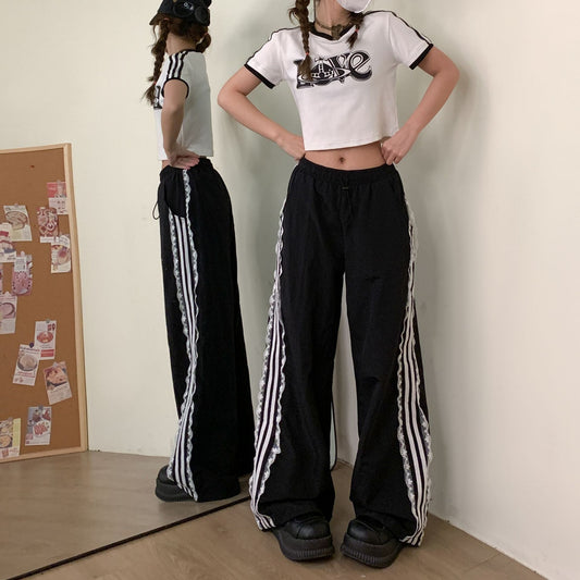 Design Lace Edge Black Strip Sports Pants