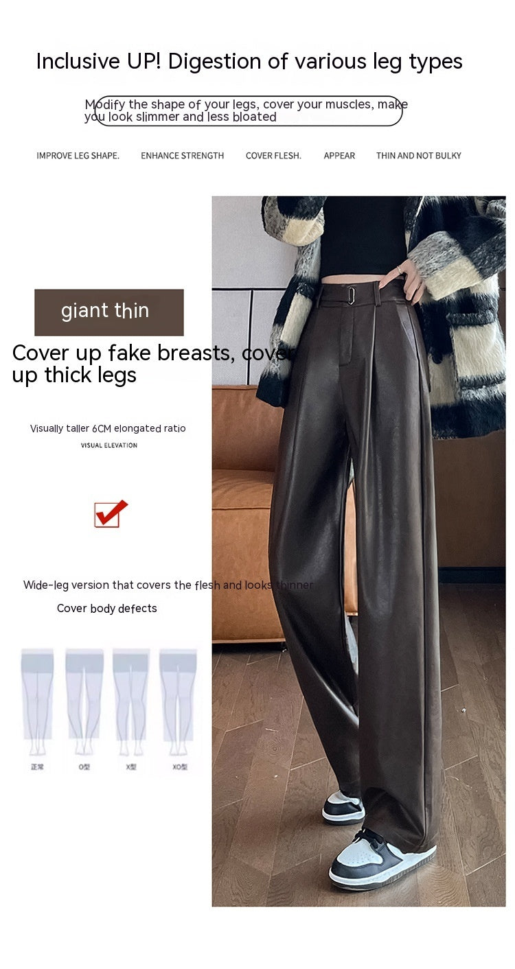 Black Matte Straight Leather Wide-leg Pants High Waist Drooping Slimming Off Pants